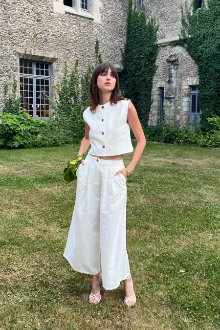 Antioch Beyaz Keten Karışımlı Kadın Culotte Pantolon