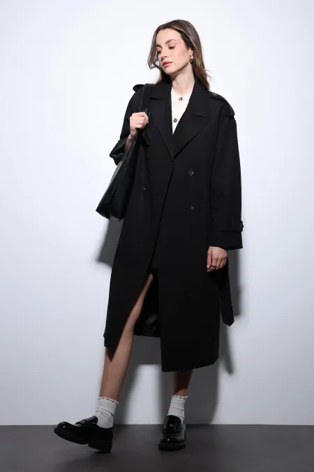 Antioch Siyah Kruvaze Kemerli Kadın Trençkot