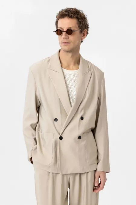 Antioch Bej Relax Fit Diagonel İnce Erkek Blazer Ceket