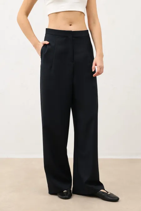 Antioch Lacivert Pensli Geniş Paça Kadın Pantolon