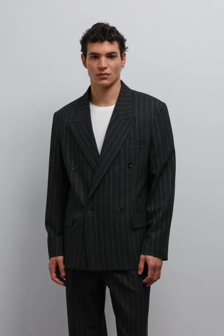 Antioch Black Striped Double-Breasted Men's Blazer Jacket