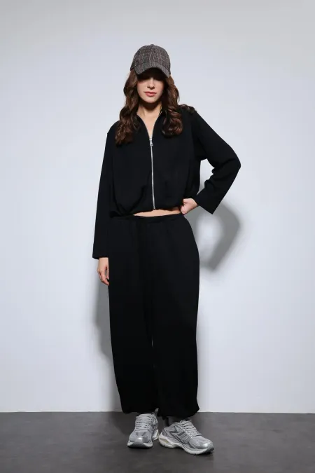 Antioch Siyah Volümlü Ceket Ve Paça Lastikli Eşofman Takım