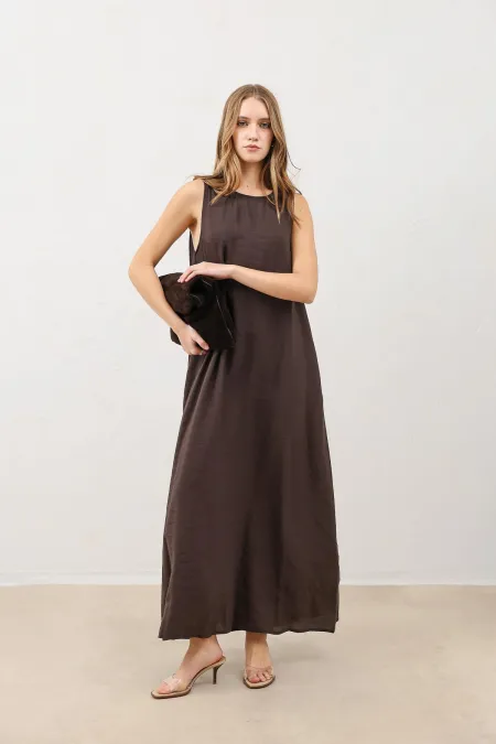 Antioch Dark Brown Draped Halter Neck Midi Dress