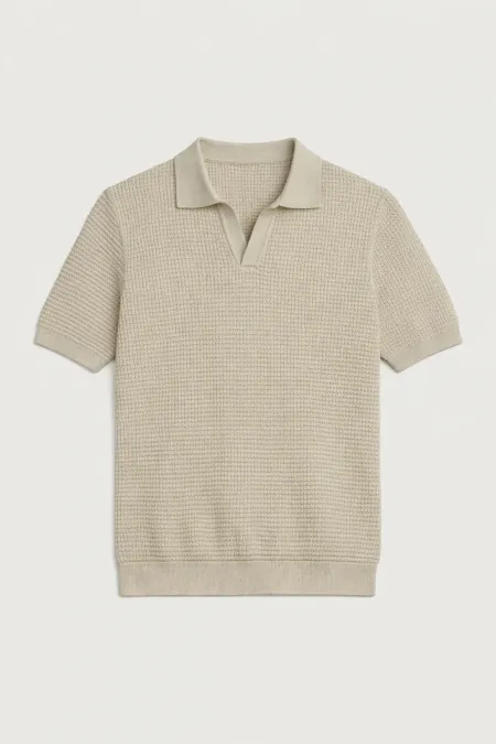 Antioch Beige Knitted Textured Polo Collar Men's T-Shirt