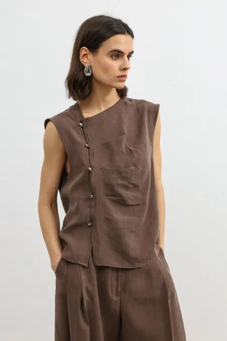 Antioch Coffee Lyocell Blend Buttoned Women's Top