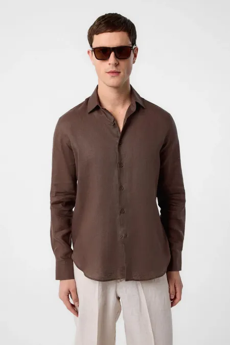 Antioch Kahve 100% Keten Comfort Fit Erkek Gömlek
