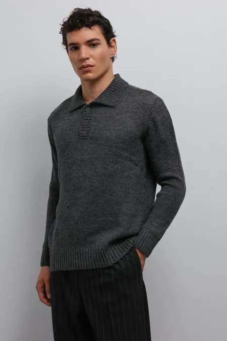 Pull homme Antioch gris chiné à col boutonné