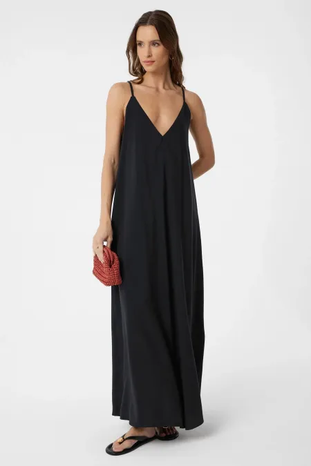 Antioch Siyah Askılı Modal Uzun Kadın Elbise