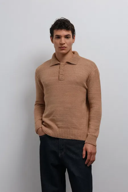 Pull homme Antioch beige à col boutonné