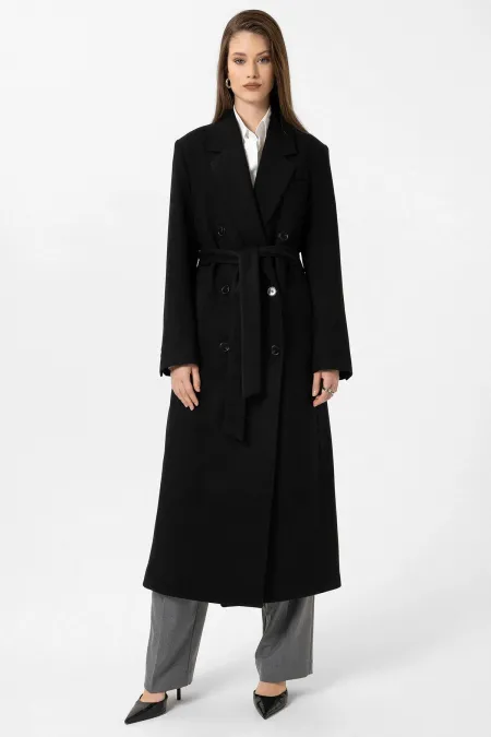 Antioch Siyah Kadın Kuşaklı Kruvaze Kaban