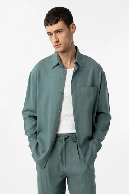 Chemise homme Antioch Green en lin mélangé coupe décontractée