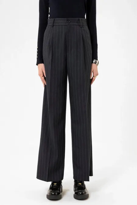 Antioch Lacivert Kadın Yüksek Bel Pileli Çizgili Pantolon