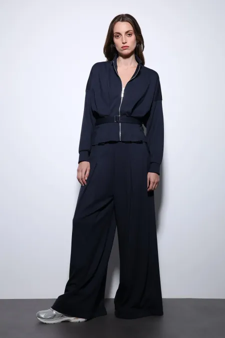 Antioch Lacivert Bel Kemerli Geniş Paça Pantolonlu Takım