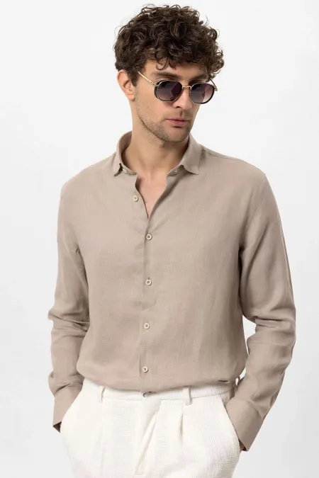 Antioch Beige Collar Button Detail 100% Linen Men's Shirt