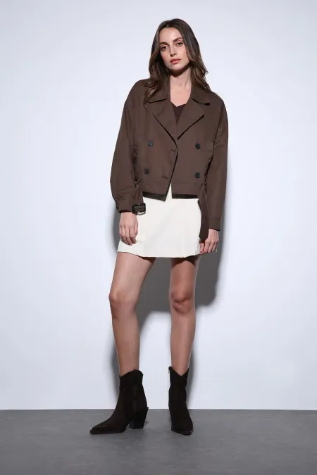 Antioch Coffee Double-Breasted Short Women's Trench Coat Antioch Coffee Double-Breasted Short Women's Trench Coat