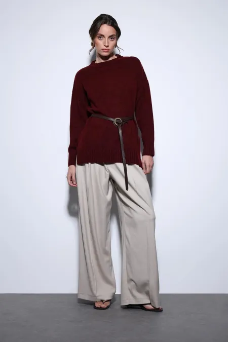 Antioch Bordo Yırtmaç Detaylı Kadın Kazak