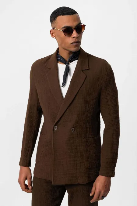 Antioch Kahve Kruvaze Kapama Astarsız Erkek Blazer Ceket