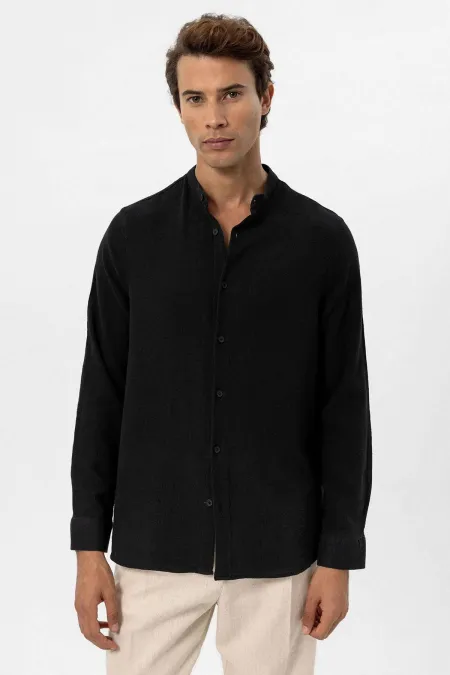 Antioch Black Mandarin Collar Woven Men's Shirt