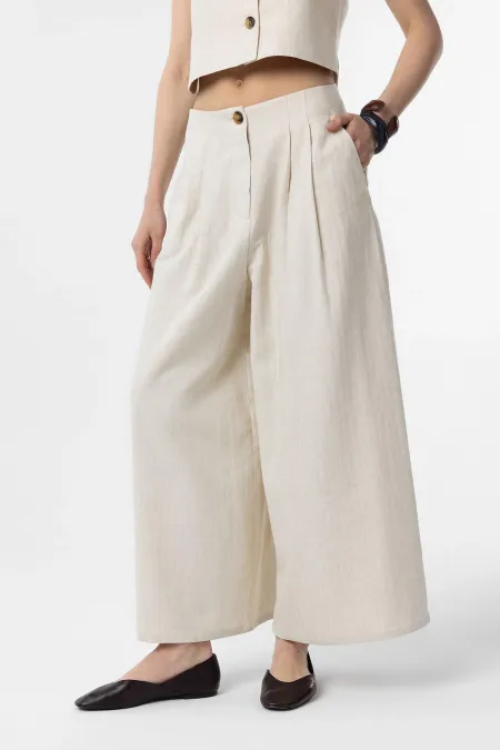 Antioch Ekru Keten Karışımlı Kadın Culotte Pantolon