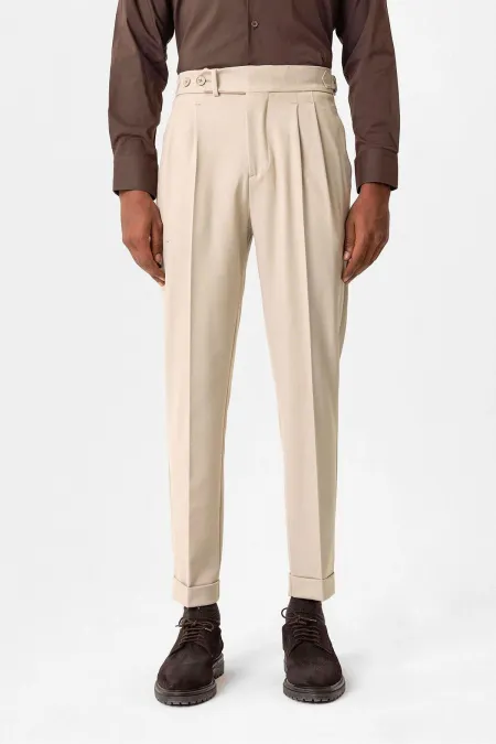 Antioch Beige High Waist Pleated Carrot Fit Men's Trousers