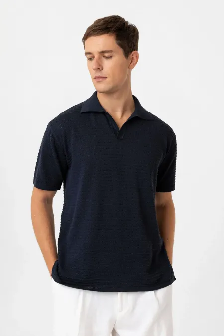 T-shirt en maille texturée à col polo bleu marine Antioch pour homme