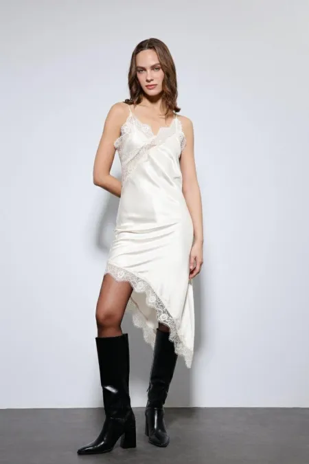 Antioch Ekru Asimetrik Dantel Elbise