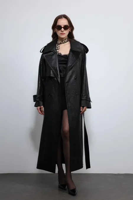 Antioch Black Textured Faux Leather Trench Coat Antioch Black Textured Faux Leather Trench Coat