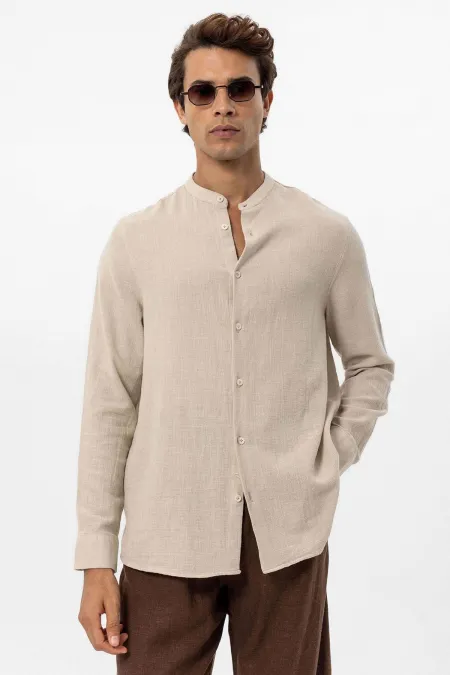 Antioch Beige Mandarin Collar Woven Men's Shirt