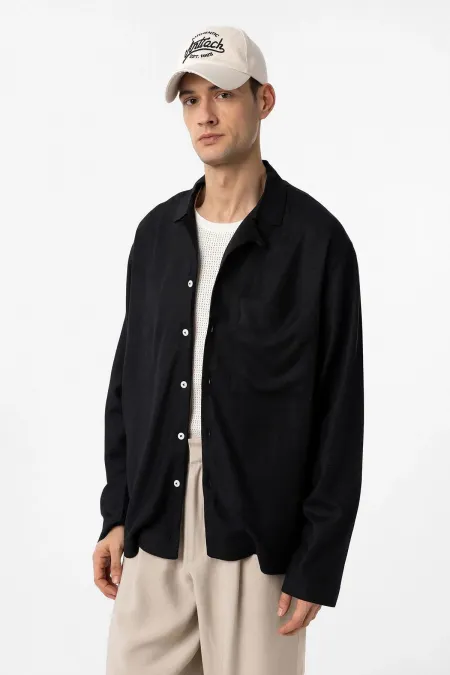 Chemise homme Antioch en lin mélangé noir, coupe décontractée