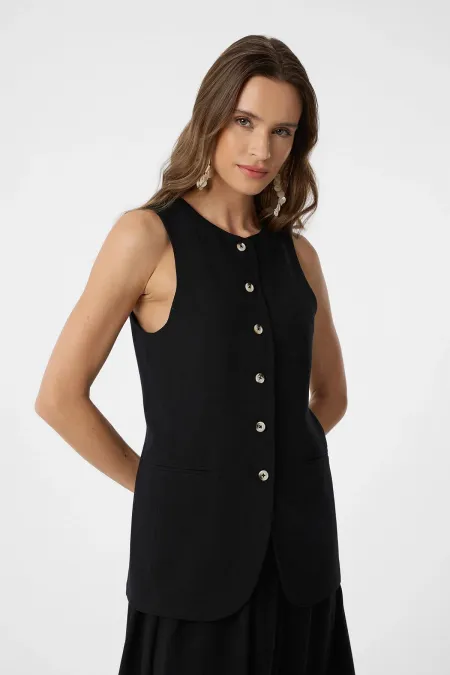 Antioch Black Linen Blend Women's Long Vest