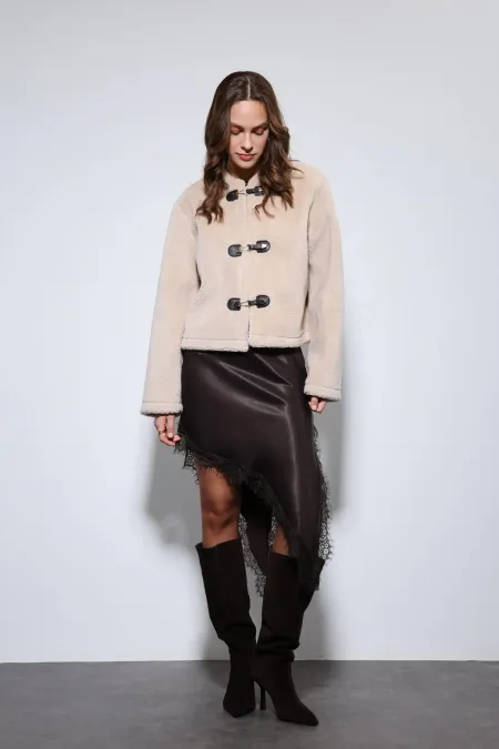 Antioch Beige Faux Fur Jacket with Decorative Buttons