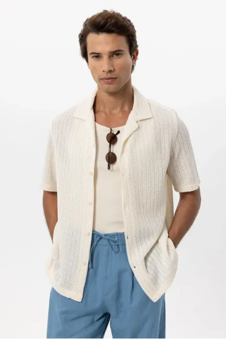 Antioch Off-White Textured Crochet Men's Shirt