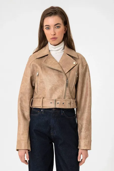 Veste de motard courte en similicuir beige Antioch pour femme