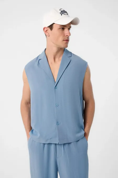 Antioch Blue Linen Blend Sleeveless Men's Shirt