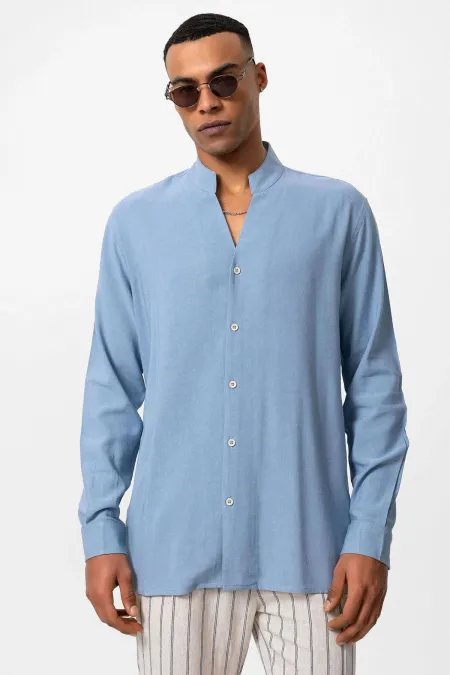 Antioch Bebe Blue Mandarin Collar Long-Sleeved Men's Shirt