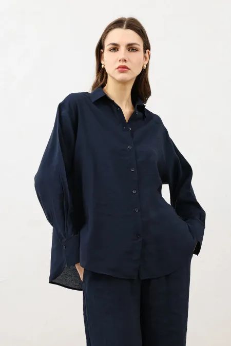 Antioch Navy Blue Draped Oversize Women's Shirt