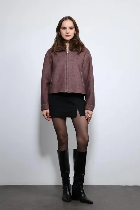 Veste Antioch bordeaux en laine mélangée à col en fausse fourrure