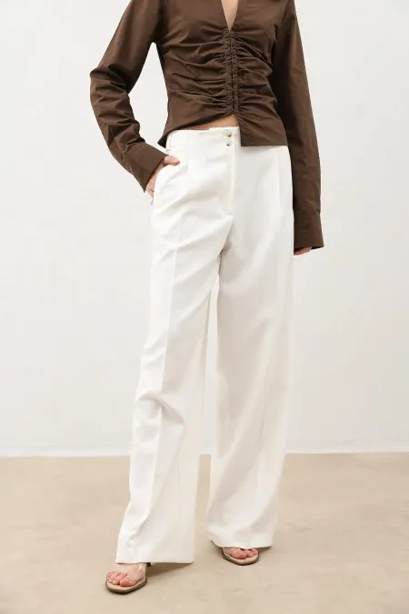 Antioch Ekru Pens Detaylı Geniş Paça Kadın Pantolon