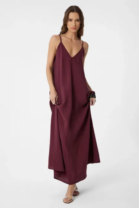 Antioch Bordo Askılı Modal Uzun Kadın Elbise