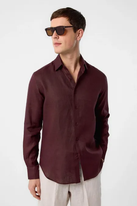 Antioch Bordo 100% Keten Comfort Fit Erkek Gömlek