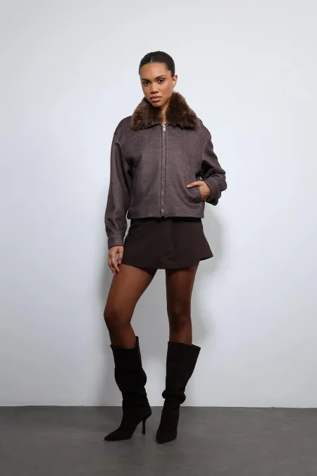 Veste Antioch Coffee en laine mélangée à col en fausse fourrure