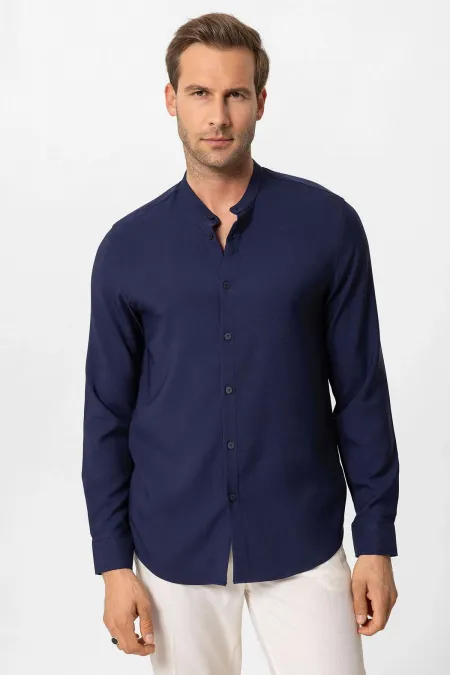 Antioch Navy Regular Fit Mandarin Collar Men's Shirt