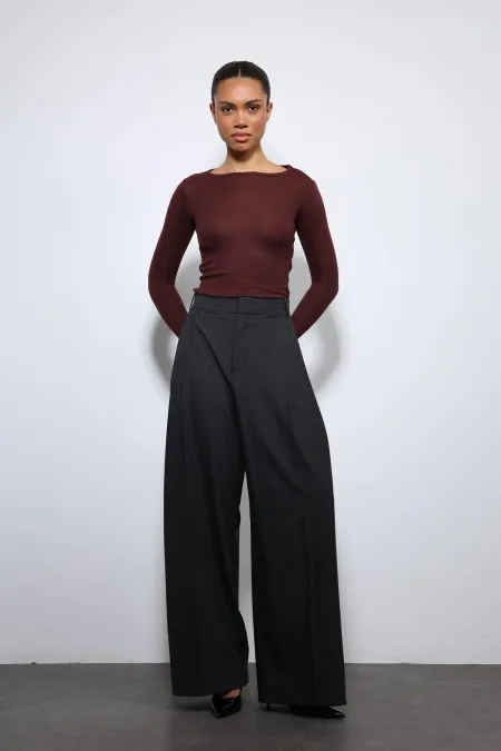 Antioch Füme Çizgili Geniş Paça Pantolon