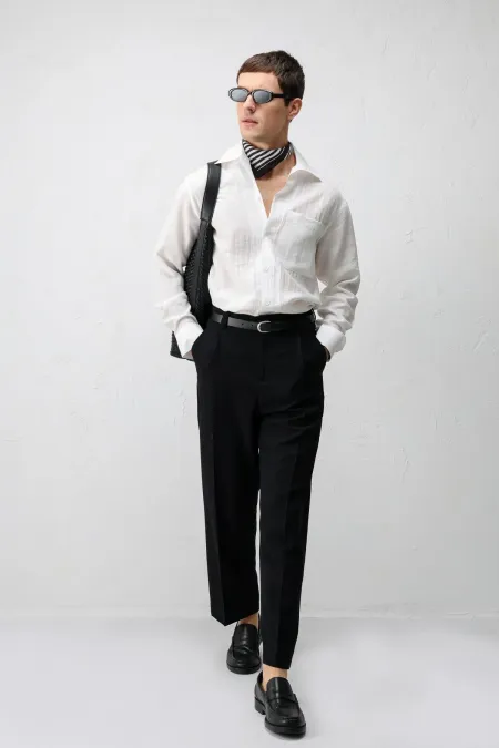 Antioch Ekru Lyocell Karışımlı Geniş Yaka Erkek Gömlek