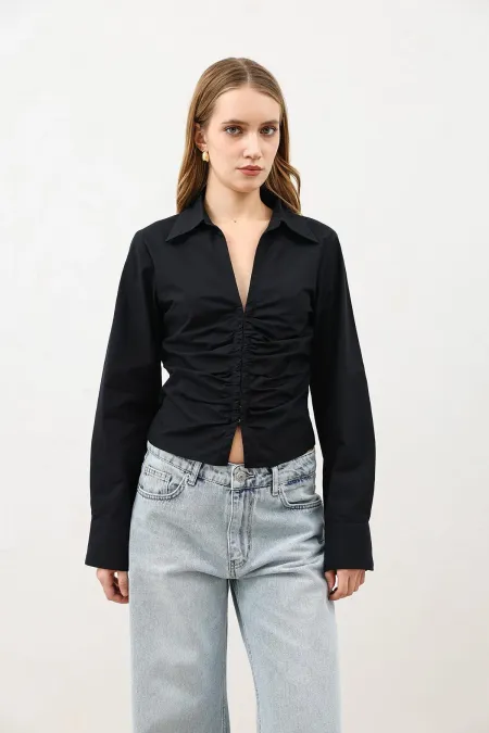 Chemise Antioch noire froncée en popeline pour femme