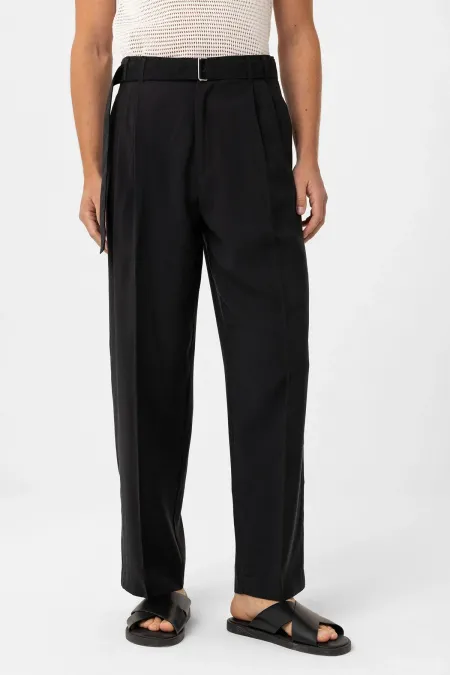 Antioch Black Modal Fabric Relax Fit Belted Men's Trousers