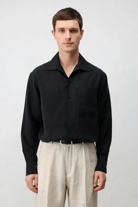 Antioch Siyah Lyocell Karışımlı Geniş Yaka Erkek Gömlek