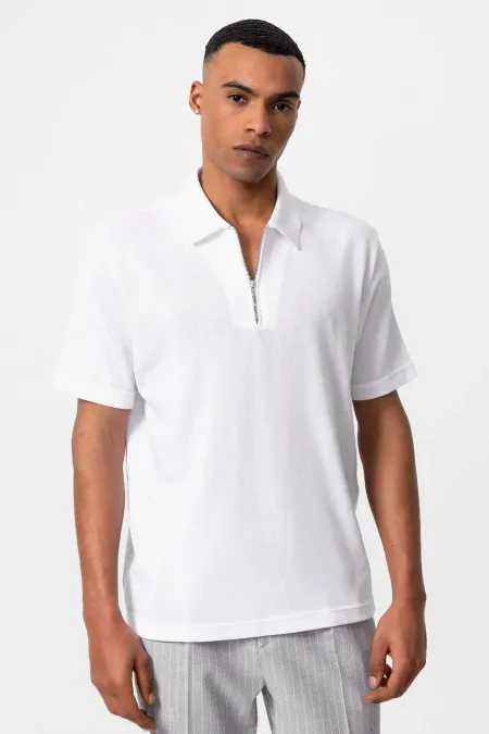 Polo blanc Antioch à fermeture éclair pour homme