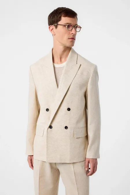 Antioch Ekru Relax Fit Keten Karışımlı Erkek Blazer Ceket
