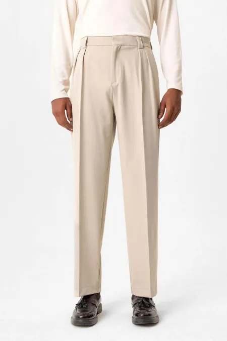 Antioch Beige High Waist Pleated Relaxed Fit Baggy Men's Trousers